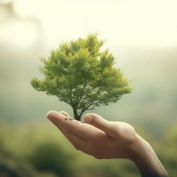 mano sujetando un árbol en miniatura